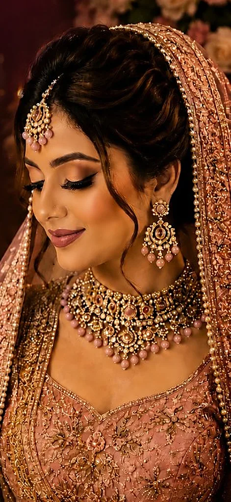 Bride in blush lehenga with HD bridal makeup and kundan jewellery